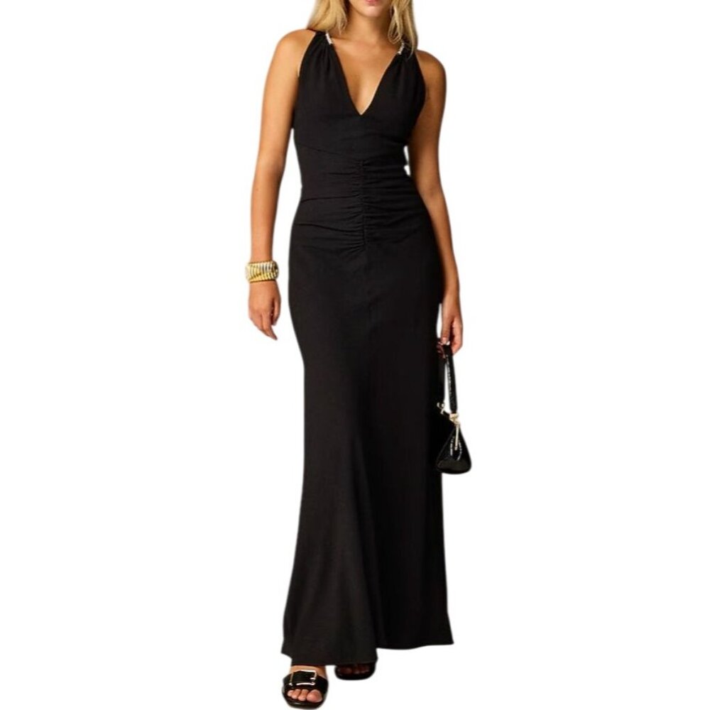 J.Crew Collection Full-length embellished ruched dress black 90s maxi sz 8 - Picture 1 of 11